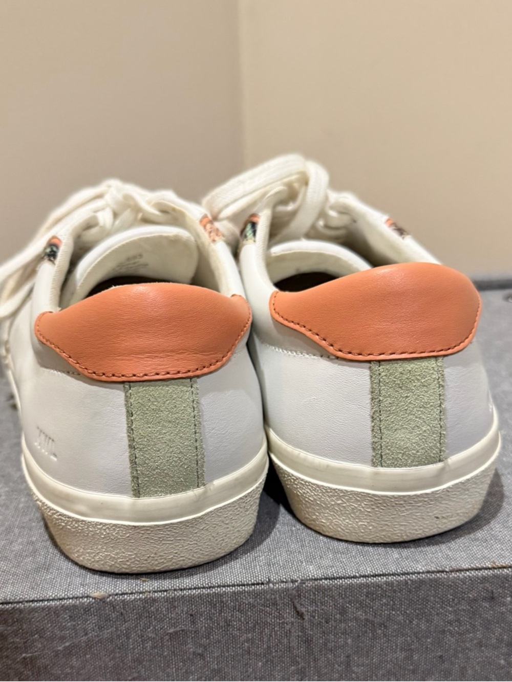 Madewell Sidewalk White Leather Sneakers with Peach Trim and Snake-Print Accent - Picture 6 of 9